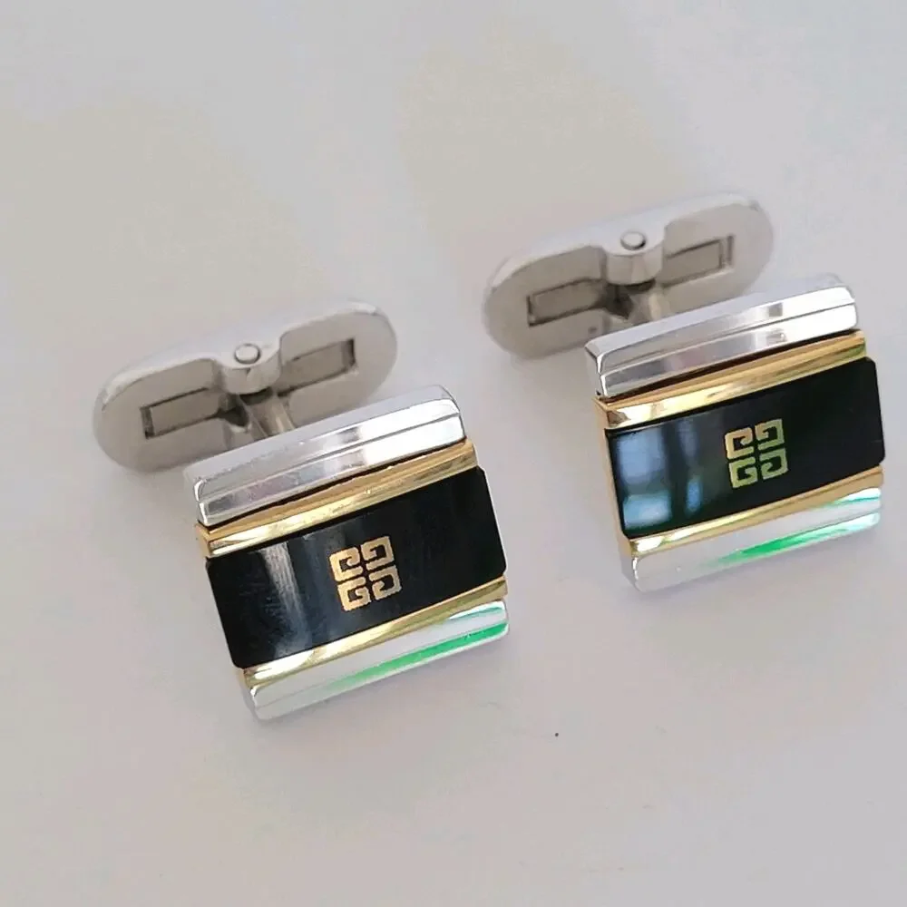 Givenchy Cufflinks Set Silver Gold Tone Black Onyx Square Logo Vintage Designer‎